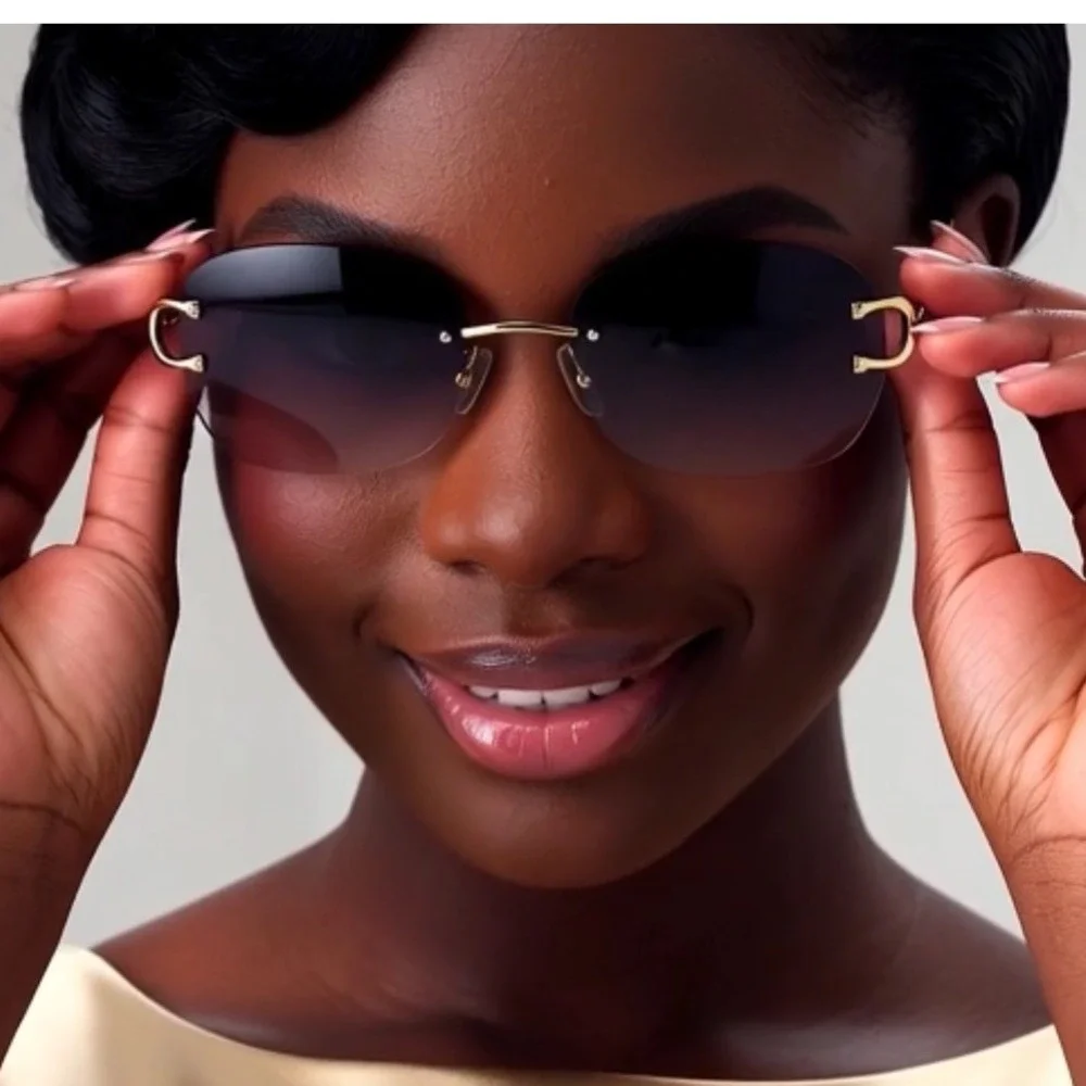 Classic Elegant Modern Sophisticated SUNGLASSES Rimless Gold Frame Black Lens‎
